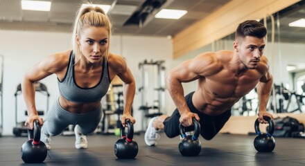 Intense Kettlebell Push-Ups: Focused Fitness Duo in Gym Setting