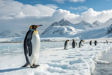 Fototapeta premium Majestic king penguin stands guard over icy antarctic landscape