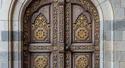 Fototapeta premium Photo of an ornate wooden door with intricate gold carvings stands as a testament to exquisite craftsmanship and timeless architectural design and beauty