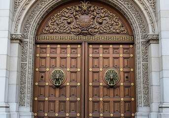 Obraz premium Photo of an imposing wooden door adorned with elaborate carvings and lion head knockers exudes grandeur and timeless elegance in architectural design