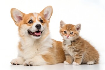 Adorable corgi dog and ginger kitten posing together on white background