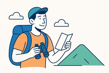 Vector illustration of tourist with map and binoculars exploring mountain