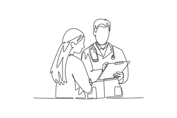 Doctor and patient concept. Single line draw design. Vector graphic illustration