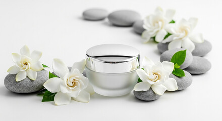White cream jar surrounded by gardenia flowers and smooth gray stones on a white background