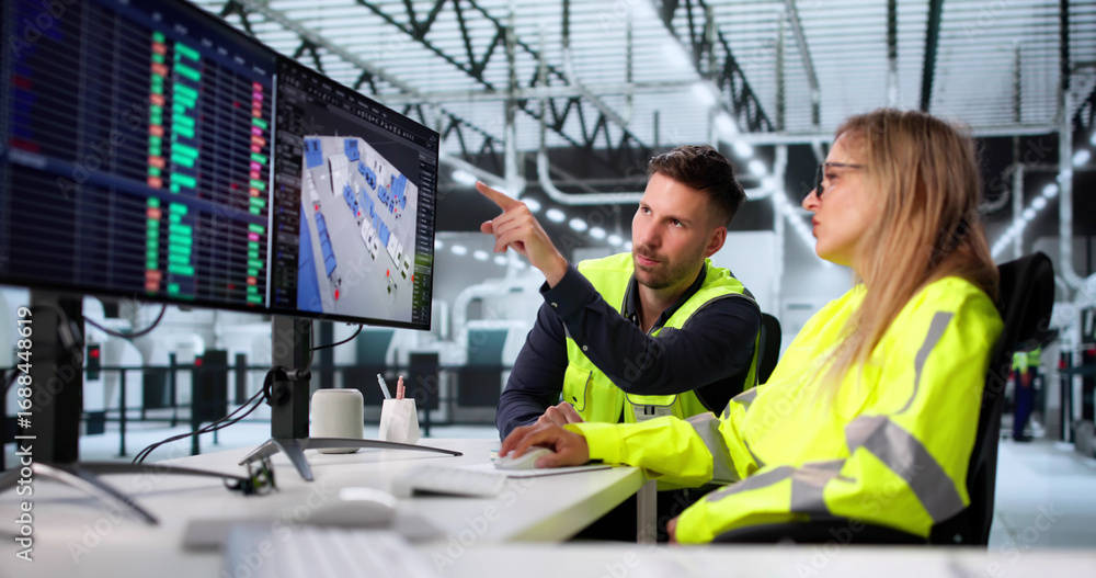 Poster engineer mapping factory layout and designing car assembly line