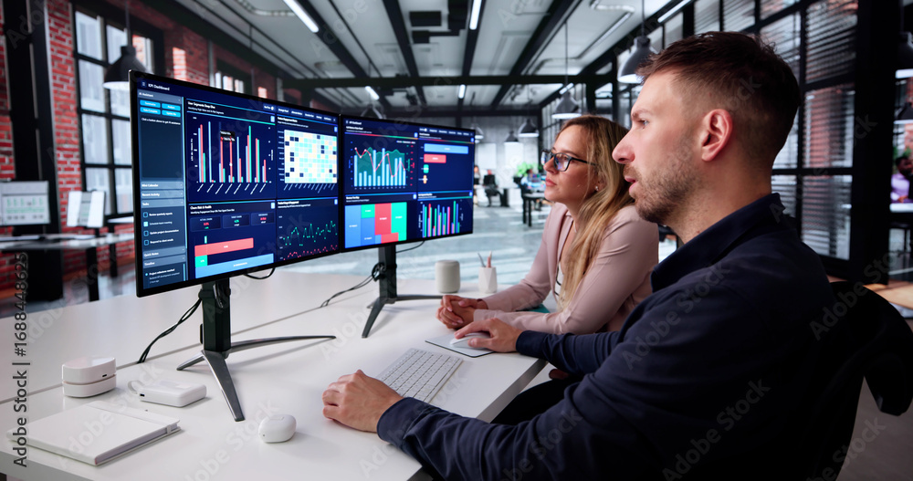 Poster marketing manager analyzing performance data