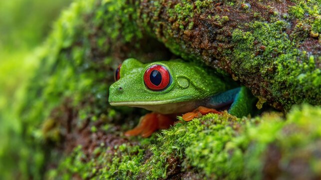 Bright green red-eyed tree frog peeks out from a moss-covered log in a lush tropical rainforest. The scene is alive with rich greenery and natural light. - Powered by Adobe