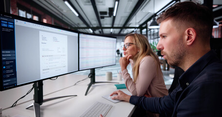 Businesswoman Managing Spreadsheets On Desktop PC