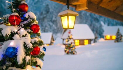 Snowy Christmas scene with tree and cabins