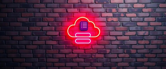 Neon cloud storage settings icon on brick wall, big data database design,  backdrop,  brick wall