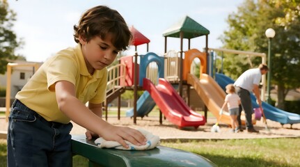 Boy cleaning playground picnic table surface with cloth for safety and hygiene outdoors