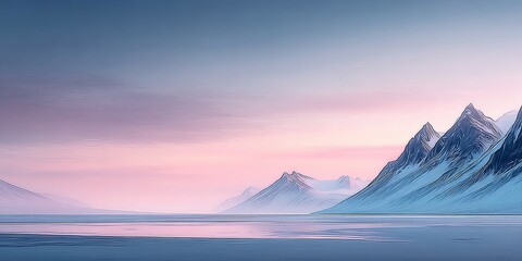 Fototapeta premium Pastel-colored mountains reflecting in calm waters under a soft gradient sky