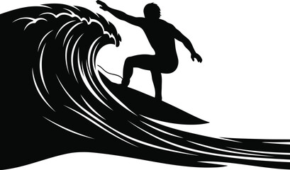 Silhouette surfer riding majestic ocean wave dynamic water sports action extreme outdoor adventure vector © SAIF820