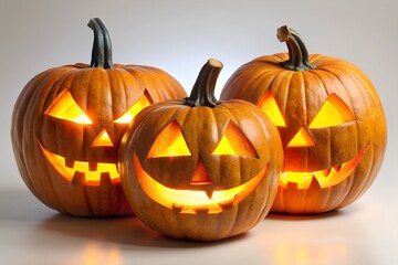 Three Illuminated Jack O Lanterns Glowing on a Light Background for Halloween