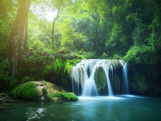 Scenic waterfall with turquoise water in lush forest, peaceful natural landscape, ideal for travel, adventure, and nature photography.