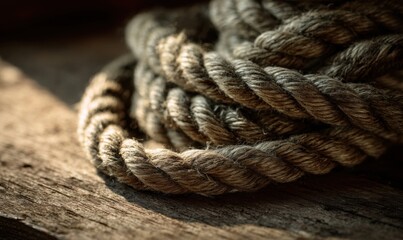 Fototapeta premium Close-up of coiled rope on weathered wood