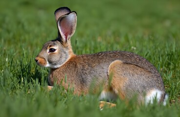 Fototapeta premium European hare, Lepus europaeus, rests in rich green grass. This mammal, a herbivore, shows fine fur detail and large ears, alert to its surroundings. Sunny day creates soft lighting on the animal.