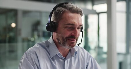 Smile, call center and mature man talk to customer for banking, loan guidance or transaction help. Consulting, contact us and agent chat in office for financial advice, account assistance and support - Powered by Adobe