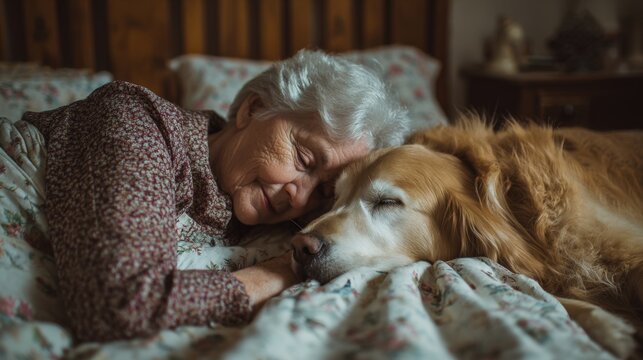 An elderly woman enjoys a serene nap in her bed, wrapped in a floral blanket while her golden retriever lies beside her, both sharing a moment of warmth and companionship