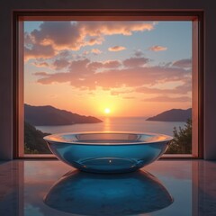 Obraz na płótnie Canvas Ocean view from balcony with blue glass bowl filled with water. Sun sets over sea creating warm orange glow in sky with scattered clouds. Mountains flank water. Peaceful evening ambiance suggests
