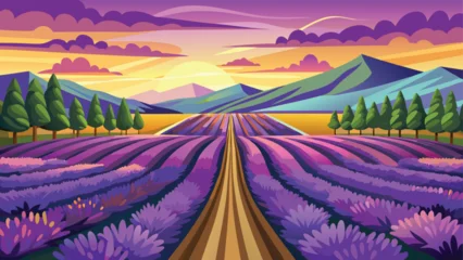 Fototapete Rund Warmes Lila Mountain landscape with green meadow, forest, and rolling hills under a summer sky at sunset  © Mark devil