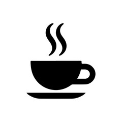 Simple silhouette of a hot coffee cup with steam wisps above on a saucer for cafe restaurant bar or beverage concepts vector