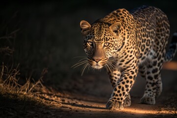 Fototapeta premium Leopard emerges from darkness with striking spotted coat
