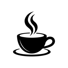 Obraz premium Steaming hot coffee cup icon simple black silhouette with a saucer and rising steam for beverage and cafe themes vector
