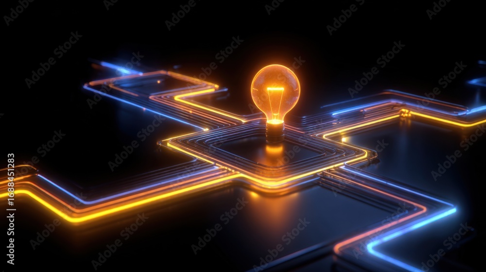 Poster A bright, glowing light bulb sits prominently on a circuit board design featuring interconnected lines. The background is dark, emphasizing the vibrant colors and technological theme.