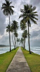 A concrete pathway stretches to the horizon flanked by tall palm trees, under a cloudy sky, with ocean waves on either side