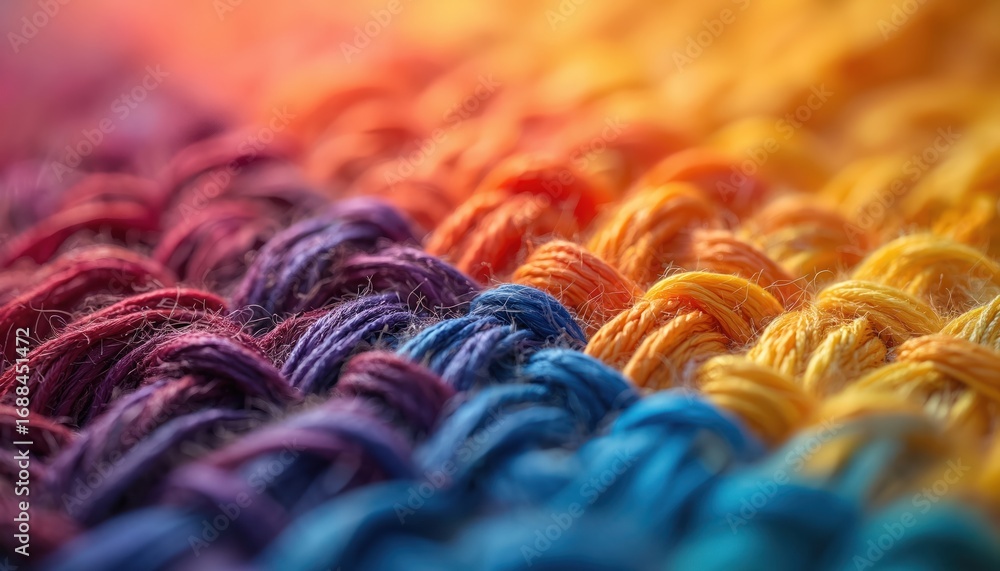 Poster macro shot of colorful interlaced fabric threads, showing rich texture in vibrant gradient from deep