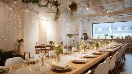 Indoor farewell party with modern signage, cozy table decor, fairy lights and minimal wall hanging elements