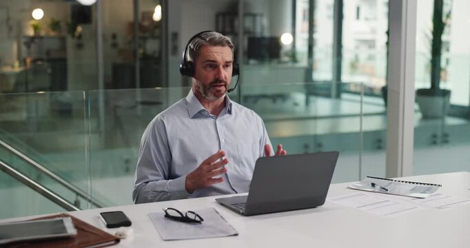 Laptop, call center and mature man talk to customer for banking, loan guidance or transaction help. Computer, contact us and agent chat in office for finance, account assistance and fraud support