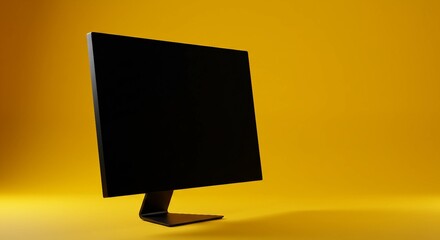 Modern Computer Monitor with Blank Black Screen on Yellow Background | Technology Mockup for Presentation and Design Assets