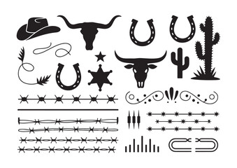 Vector black & white western cowboy design elements
