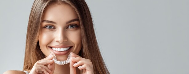 The clear aligner being held by a smiling young woman for dental care