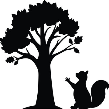 Black silhouette of a squirrel reaching up towards a leafy tree isolated on transparent background