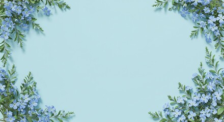 Fototapeta premium Floral Border Frame with Light Blue Flowers and Green Leaves | Elegant Botanical Design for Spring, Summer, Invitations, Greetings, Backgrounds