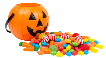 A pile of colorful halloween candy spilling out of a plastic pumpkin bucket, isolated on transparent background