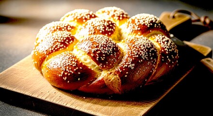 A beautifully braided challah bread, sprinkled with sesame seeds, resting on a wooden cutting board, a traditional food for jewish holidays like rosh hashanah