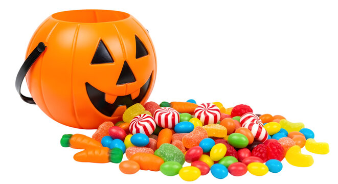 A pile of colorful halloween candy spilling out of a plastic pumpkin bucket, isolated on transparent background