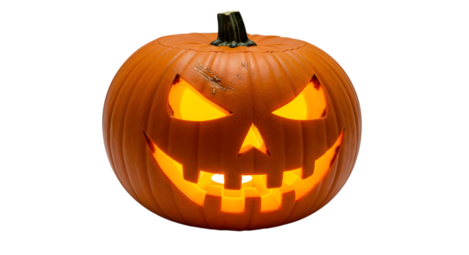 Scary carved halloween pumpkin with glowing orange eyes and mouth, isolated on transparent background