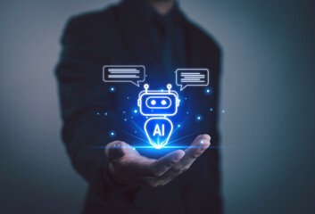 Futuristic concept of artificial intelligence chatbot and virtual assistant in business communication, showing AI technology innovation, digital transformation, and smart automation.