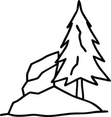 Simple pine tree and rocks silhouette isolated on transparent background