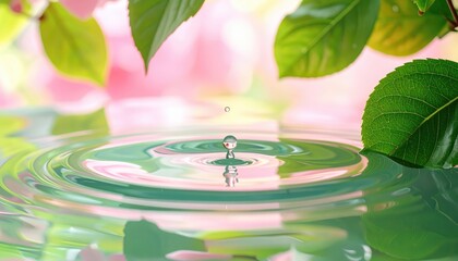 A tranquil water droplet creates vibrant ripples, reflecting soft pinks and greens, surrounded by delicate leaves and blossoms.