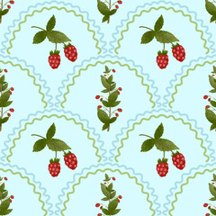 Seamless raspberry fruit pattern with hand drawn style on light blue background