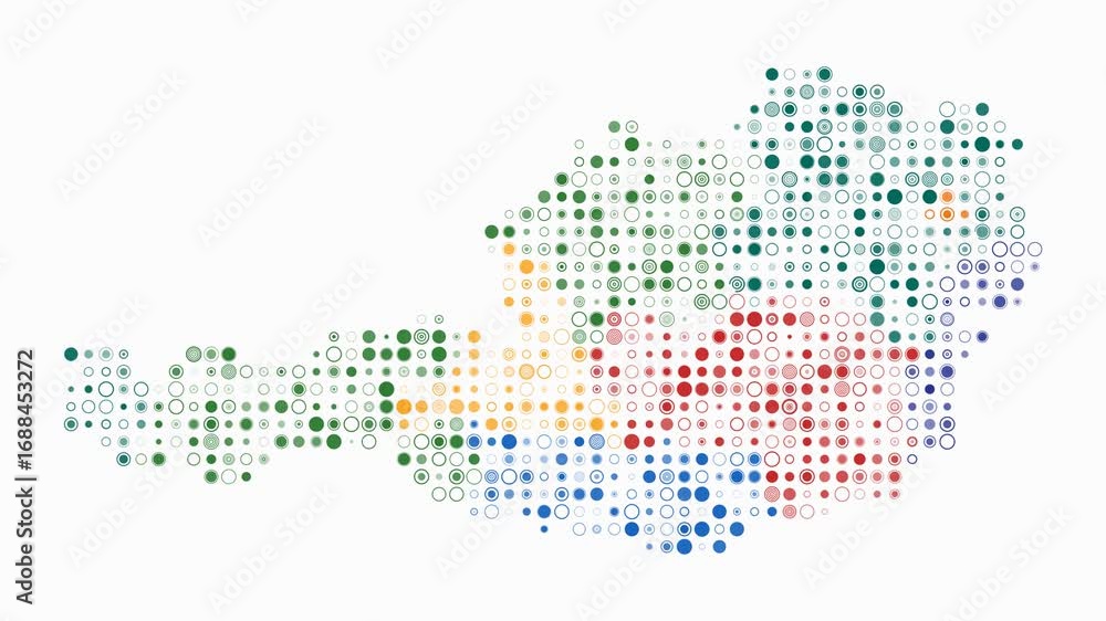 Poster austria map animation. shape of the country with pulsating colored dots. small size circle blocks. d