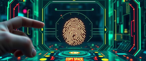 Futuristic fingerprint scanner interface with digital ID verification and data encryption, authentication, encryption
