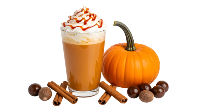 Pumpkin spice latte with whipped cream, caramel drizzle, cinnamon sticks, nutmeg, and chocolate balls, isolated on transparent background