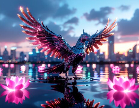 A futuristic rebirth symbol, a cybernetic phoenix with neon glow. Ideal for album covers, posters, and digital art